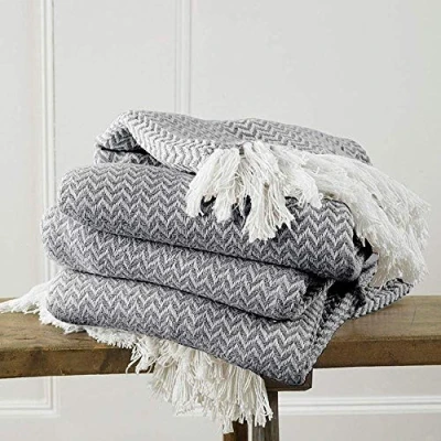 Image of Safi Luxury Chevron Weave Fringed Contemporary Cotton Throw 170cm X 200cm (Charcoal)