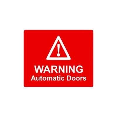 Image of Warning Automatic Doors Sign, Adhesive Sticker Notice, engraved with Universal Icon Symbol and Text (Size 12cm x 10cm) (Red)