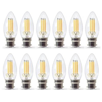 Image of ECO 40W Dimmable Energy Saving Candle Light Bulb, Low Power 4W Vintage Style LED Filaments, 400 Lumen, Clear Glass, Warm White (2700K), B22 Large Bayonet Fitting, 25000Hrs Lifetime. (12xPACK)