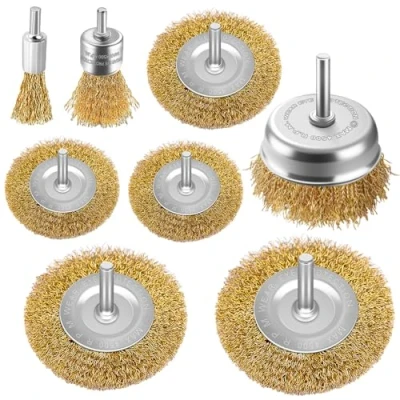 Image of Wire Wheel Cup Brush Drills Set 8 pcs,Brass Coated Metal Brushes for Drill 1/4 Inch Shank Cleaning Rust, Flakes and Abrasives Attachment