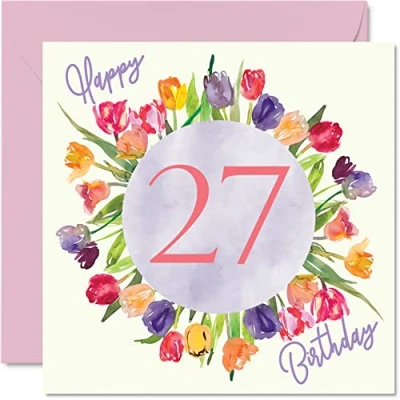 Image of Beautiful 27th Birthday Cards for Women Watercolour Tulips Flowers Bouquet Happy Card Her Daughter Auntie Sister Friend Gifts, 145mm x Lovely Floral Greeting Gift