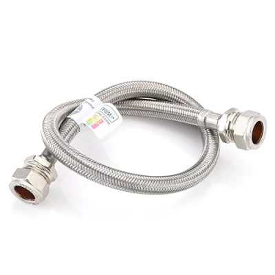 Image of Home Range 500mm WRAS Approved Stainless BSP 15mm x 2 Lengths Compression Steel Braided Flexible Pipe Connector, 15 Bar Max Working Pressure, 85C Temperature, Durable for Kitchens