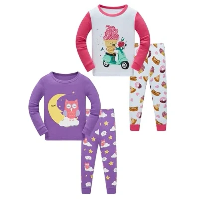 Image of SOIBEEN Girls Pyjama Set Long Sleeve T Shirt &amp; Pants Loungewear Pink Purple Owl PJs for Kids Sleepwear Nightwear 4 Years