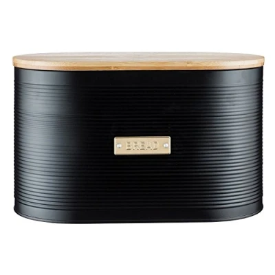 Image of Typhoon Retro Sleek Design Embossed Stripe Stainless Steel Tea Coffee Sugar Cookie Bread Bin Storage Jar Canister Wooden Bamboo Lid Otto Black (Bread Bin)
