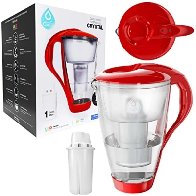Image of Dafi Crystal LED Water Filter Jug, 2L with Cartridge &amp; Sensor Red Jug to Reduce Limescale, Chlorine, Lead