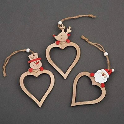 Image of SHATCHI Christmas Tree Ornaments Wooden Aesthetic Hanging Decorations set of 3 pcs Xmas DIY Holiday Home Décor Heart Shape Santa, Reindeer, Snowman pieces(9cm)