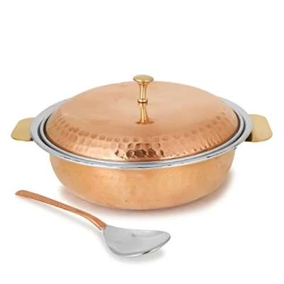 Image of Zap Impex Traditional Indian Serveware Donga Serving Bowl Terrine Hammered Copper with Lid and Spoon