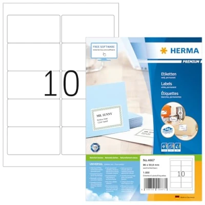 Image of HERMA Self Adhesive Multipurpose Labels, 10 Labels per A4 Sheet, 100 Sheets, 96 x 50.8 mm, 1000 Blank Universal Stickers, Sticky for Laser &amp; Inkjet Printer, White