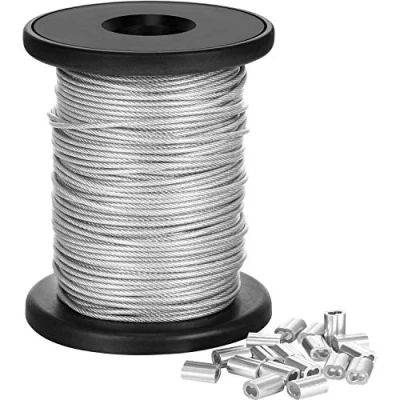 Image of Vinyl Coated Picture Frame Hanging Wire, Stainless Steel Wire Spool with 20 Pieces Aluminum Crimping Loop Sleeve, Supports up to 110 Lbs (1.5 mm x 98 Feet)