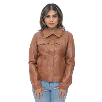 Image of Ladies Tan Brown Leather Trucker Jacket Classic Western Casual Denim Jeans S