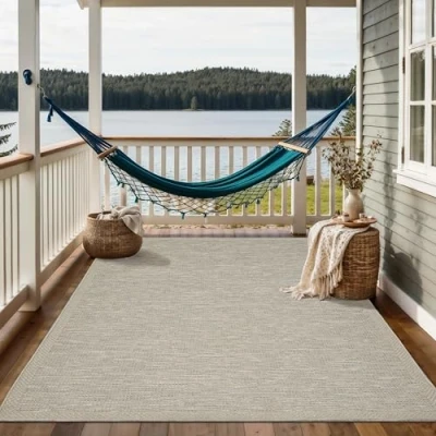 Image of the carpet Calgary Heavy Duty Outdoor Rug, Modern Design, Weatherproof and UV Resistant, for Balcony, Patio Conservatory, Also Suitable Kitchen or Dining Room, Beige/Grey, 120 x 160 cm