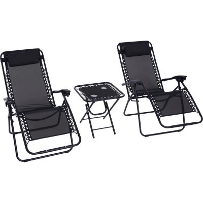 Image of Outsunny 3 Pieces Folding Zero Gravity Chairs Sun Lounger Table Set with Cup Holders84B 271BK