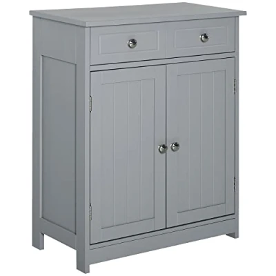 Image of kleankin 75x60cm Freestanding Bathroom Storage Cabinet Unit w/ 2 Drawers Cupboard Adjustable Shelf Metal Handles Traditional Style Grey