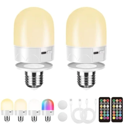 Image of USB Rechargeable Light Bulb With Remote Control, E27 Battery Powered For Lamp, RGB Colour Changing Bulb, 12 Color Temperature Dimmable, 3 Timers, Cordless Magnetic Night Light, 800LM,2 PACK