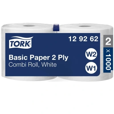 Image of Tork 129262 Basic Paper 2 Ply / Absorbent, Recycled Suitable for W1 Wipers Wall/Floor &amp; W2 Combi Roll Systems White x 340m Ø 26cm