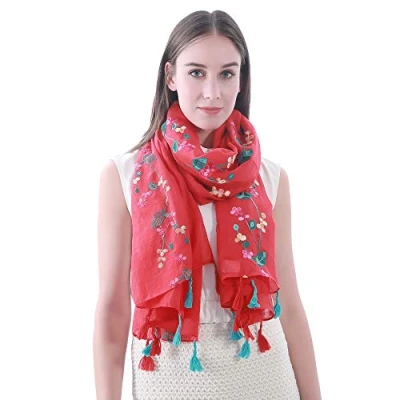 Image of Lina &amp; Lily Embroidered Floral Tassel Scarf Shawl Lightweight (Red)(Size: 180cm x 90cm)