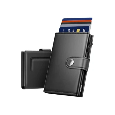 Image of YESIIW Card Holder Mens Wallet RFID Blocking Leather Minimalist Smart Pop Up with Magnetic Coin Pocket, Trifold Credit Holders Wallet, Button Closure, Holds to 9 Cards, 2 ID Window