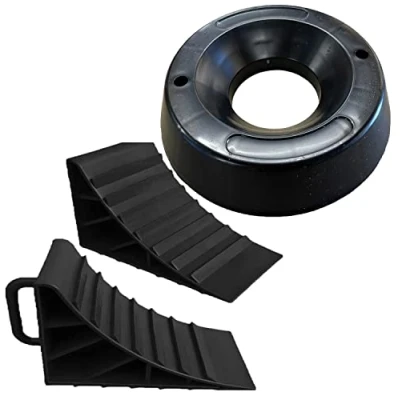 Image of Wheel Chocks With Handles Set of 2 Tyre Saver Brake Stoppers Ridged Wedges for Cars Caravan Horsebox Motorhome (2x Chock 1x Dock)