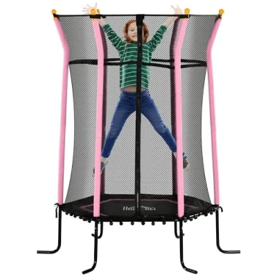 Image of HOMCOM 5.4 FT/ 64 Inch Kids Trampoline With Enclosure Net Mini Indoor Outdoor Trampolines for Child Toddler Age 3 10 Years Pink