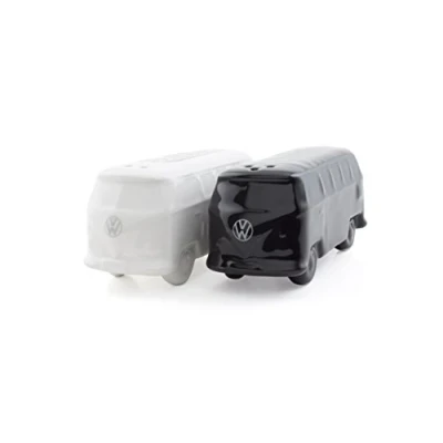 Image of BRISA VW Collection Volkswagen Salt &amp; Pepper Shakers Seasoning Dispenser in Ceramic with T1 Bus Campervan Design 2 Piece Set (Classic Bus/White Black)