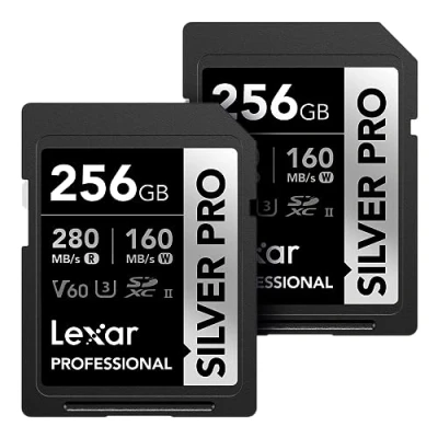 Image of Lexar 256GB (2 PK) Professional SILVER PRO SDXC Memory Card, UHS II, C10, U3, V60, Full HD &amp; 4K Video, Up To 280MB/s Read, for Photographer, Videographer, Enthusiast (LSDSIPR256G B2NNU)