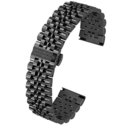 Image of Kai Tian 5 Colors for Flexible Watch Strap Polished 7 Rows 20mm 22mm Stainless Steel Band Quick Release Metal Bracelet Deployment Clasp (22mm, Black)