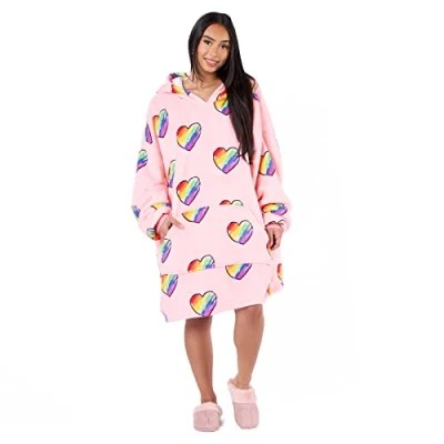 Image of Dreamscene Rainbow Oversized Hoodie Blanket Sweatshirt Soft Sherpa Heart Fleece Throw Cosy Wearable Hooded Big Jumper Blush Pink,One Size Fits All Adults Kids Men Women