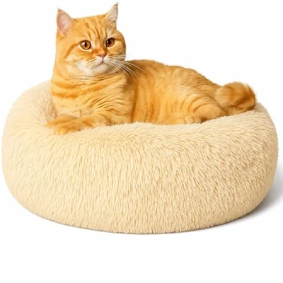 Image of Calming Donut Cat Bed, Fluffy Plush Round Dog Cosy Soft Washable Cushion Warming Pet Beds with Non Slip Bottom, Anti Anxiety Indoor Sleeping Cuddler Nest for Cats Puppy Kitten (Apricot 40cm)