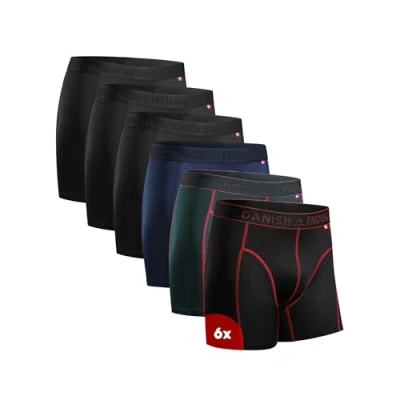 Image of DANISH ENDURANCE Sports Boxers for Men, Dry Fit, Anti Chafing Mens Boxer Shorts Multipack, with Regular or Long Leg, 6 Pack, Multicolour (3x Black, 1x Blue, Black/Red, Green), L