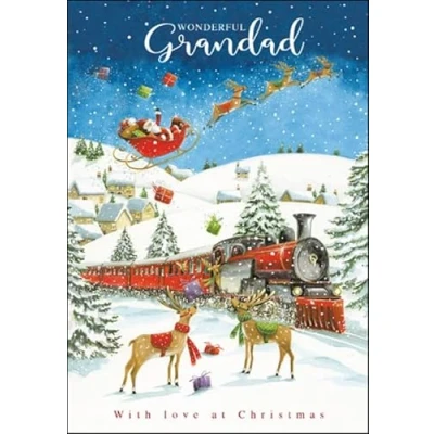Image of Woodmansterne Wonderful Grandad Christmas Card Steam Train, Reindeer and Father Eco Friendly Recyclable