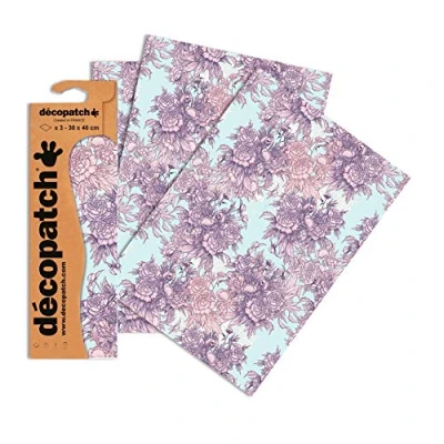 Image of Décopatch Ref C760O White &amp; Purple Peony Pattern Paper Pack Each Sheet 30 x 40cm, of 3 Sheets Best Used With Décopach Glue Varnish,