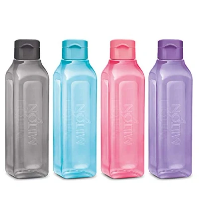 Image of MILTON Sports Water Bottle Square Juice Box 4 Set Great for Juices Milk Smoothies Plastic Wide Mouth Reusable Leak Proof Drink Bottle/Carton School Bags Lunch Boxes Gym Flip Lid BPA Free 32 oz