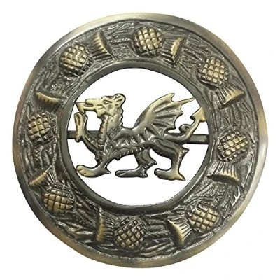 Image of Men&#039;s Scottish Thistle Kilt Fly Plaid Brooch Antique Finish 3&quot;/ Celtic Brooches &amp; Pins Brass Metal (Welsh Dragon Antique)
