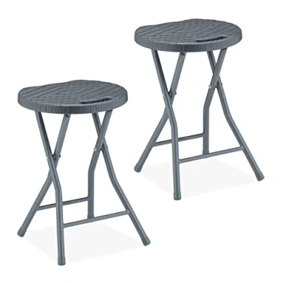 Image of Relaxdays Folding Stool, Set of 2, Rattan Design, Garden &amp; Balcony, Foldable Outdoor Chair, HxWxD: 46 x 32 29 cm, Grey