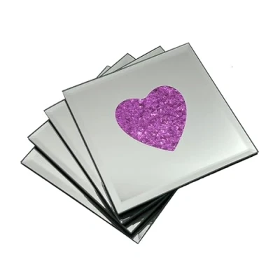 Image of Angraves Lustre Love Heart Pink Sparkle Glitter Mirrored Glass Coaster Set of 4