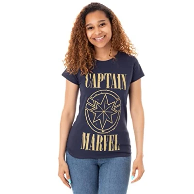 Image of Marvel Captain Print and Shield Womens Navy T Shirt