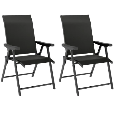 Image of Outsunny Set of 2 Folding Chair, Garden Chair with Breathable Mesh Back and Seat, Outdoor Camping Chairs Armrests, Steel Frame for Deck Balcony, Black