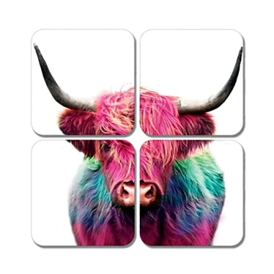 Image of 4 x Square Colourful Highland Cow Coasters Animals Hair Scottish Art Jigsaw Gift #78334