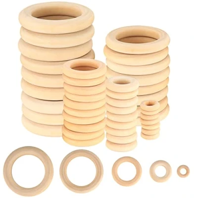 Image of 90 Pcs Natural Wooden Rings, Unfinished Wood Teething Craft Rings Hoops for DIY Jewelry Making Pendant Connectors 15mm, 25mm, 35mm, 45mm, 55mm