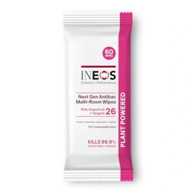 Image of INEOS Next Gen Antibac Multi Room Disinfectant Biodegradable 60 Wipes, Pink Grapefruit + Tangelo, Kills 99.9% of Bacteria Viruses, Plant Powered, Packaging May Vary