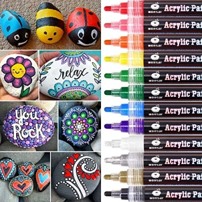 Image of wonsar Acrylic Paint Pens for Rock Painting Stones Ceramic Porcelain Glass Pebbles Fabric Wood Kids DIY, Canvas (12 Medium Tip)