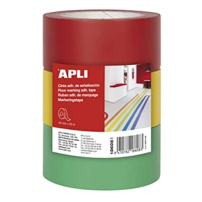 Image of APLI 18608 Pack of 3 PVC Marker Tape Red, Yellow and Green 40 mm x 33 m 160 μm