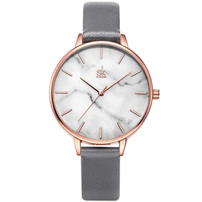 Image of Alienwork Women&#039;s Watch Rose Gold Leather Strap Gray White Ultra Thin Elegant