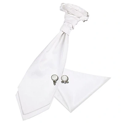 Image of DQT Men Plain Satin Wedding Cravat &amp; Pocket Square + Cufflinks Pre Tied, White