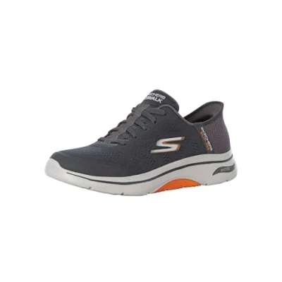 Image of Skechers Men&#039;s Hands Free Slip ins GO Walk Arch FIT 2.0 Simplicity 2 Sneaker, Charcoal and Orange Textile/Synthetic, 6.5 UK