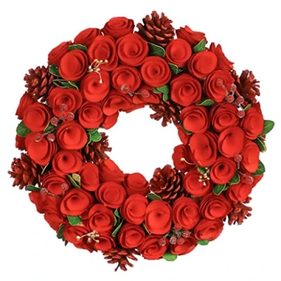 Image of 14&quot; Pine Cone Winter Door Wreath Red Berry Rose Garland (CR38)