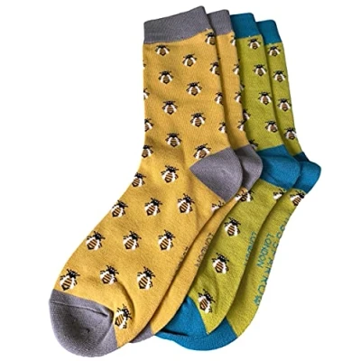 Image of Purple Possum® Bee Socks Ladies Multi Pack Bumble Bees Orange Yellow Lime Bamboo Cotton (Yellow &amp; Green) Shoe size 4 to 7