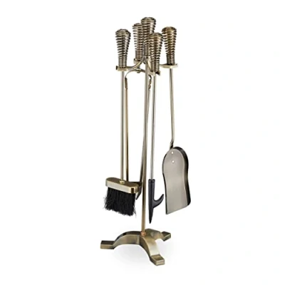 Image of Relaxdays Fireplace, 5 Piece Set, Poker, Ash Shovel, Broom, Tongs &amp; Stand, Antique Design, Steel, 64x22x20 cm, Gold
