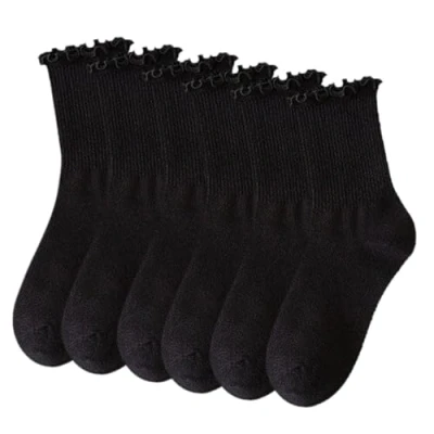 Image of SKHAOVS 6 Pairs Women&#039;s Black Ankle Socks, Ruffled Cotton Comfortable and Breathable Casual Pretty Trimmed Socks Thin for Women Girl (6 Pairs)