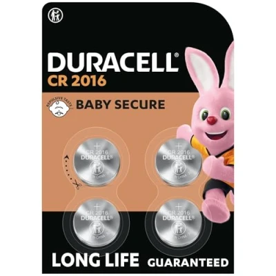 Image of DURACELL 2016 Lithium Coin Batteries 3V (4 Pack) Long life Guaranteed Baby Secure Technology For Use in Key Fobs, Small Home Remotes, Fitness Watches Packaging